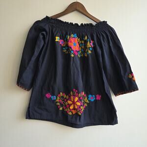 Black Embroidered Off the Shoulder Boho Peasant Top Puebla Floral Artsy Colorful